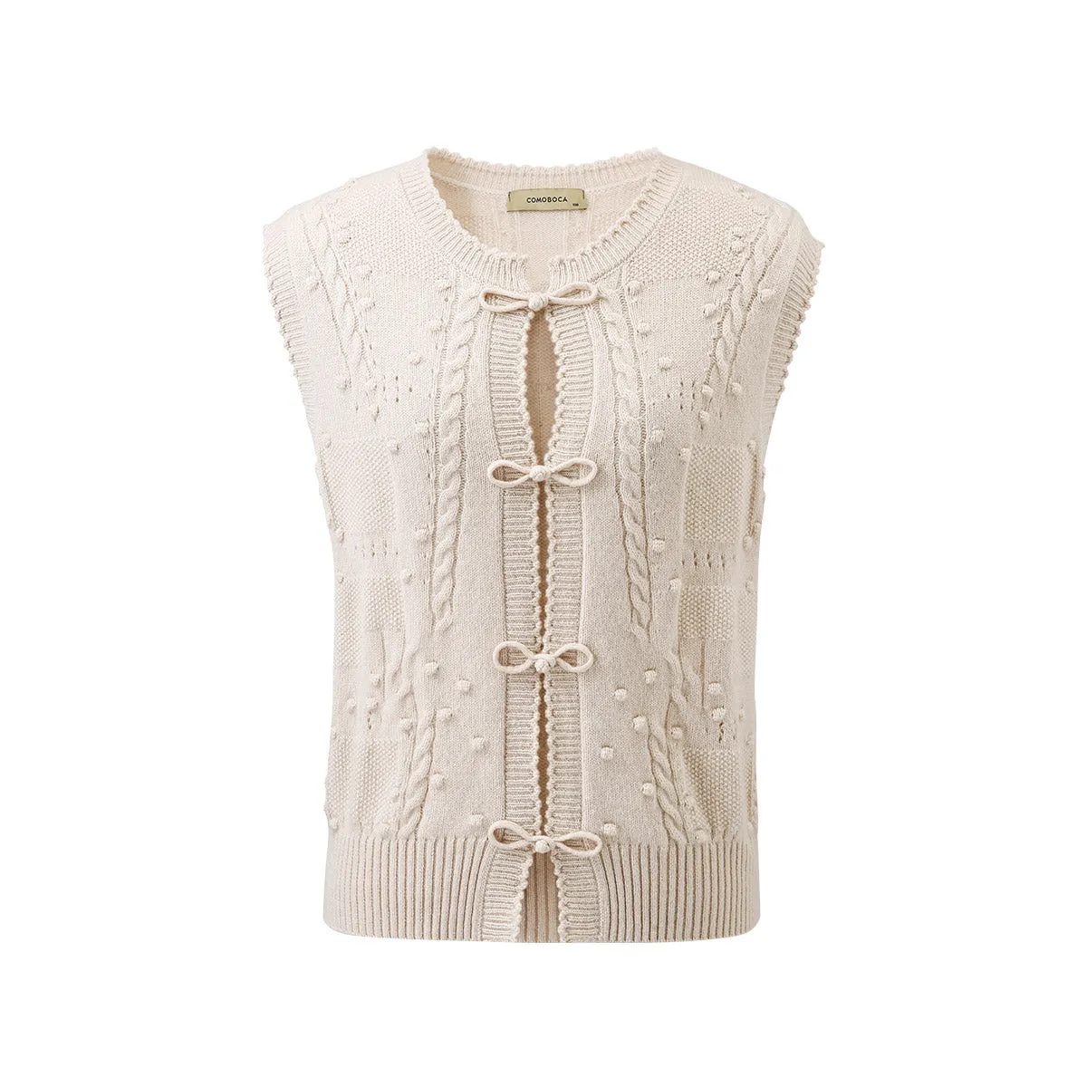 100% Cashmere Cable Knit Vest with Bow Detailing