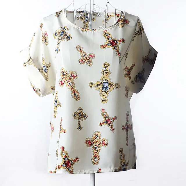 2017 new Large size women printing blouse bird bat shirt short-sleeved chiffon blusas femininas roupas summer style