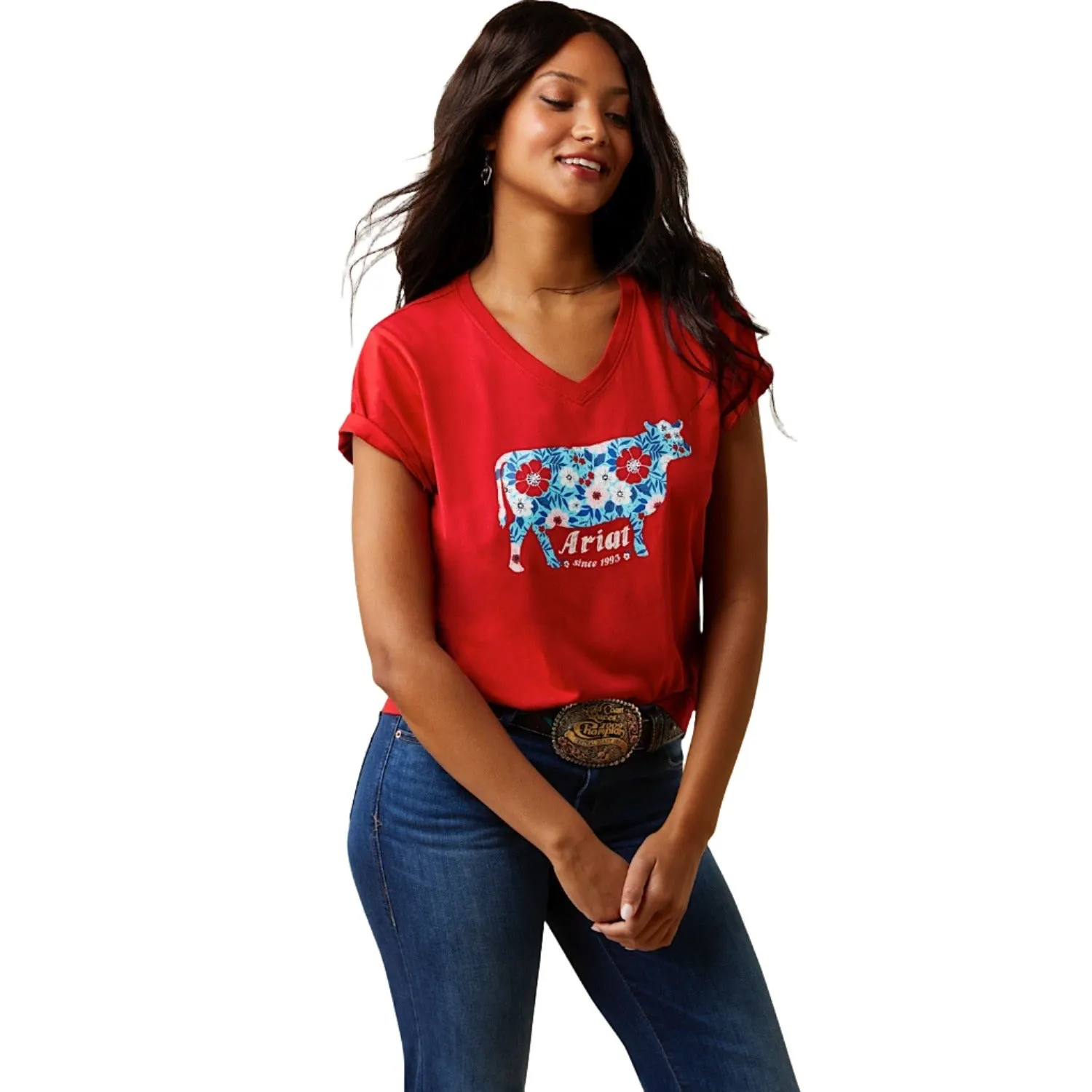 Ariat Womens Flower Cow S/S Tee Equestrian Red