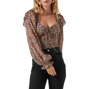 ASTR the Label Women's Ruffled Shirred Crop Top, Brown MultiFloral, XS