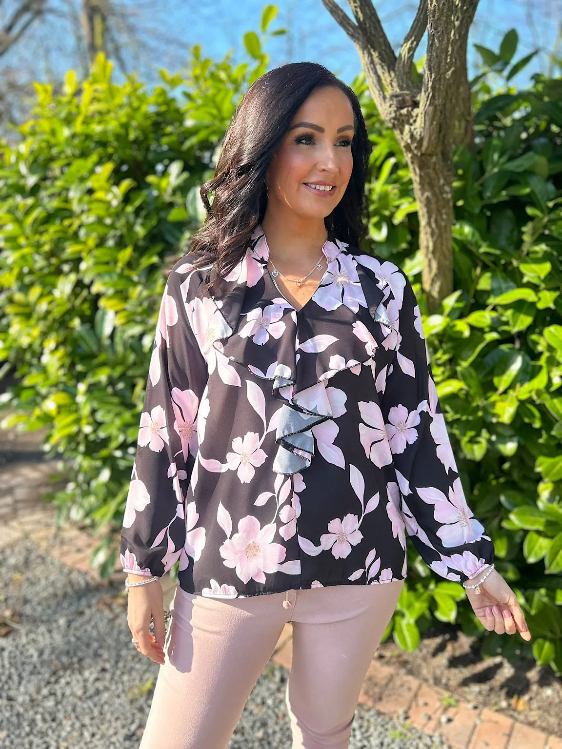 Black Floral Frill Collar Blouse Rylee