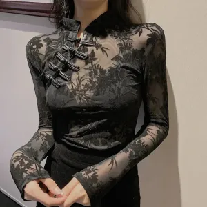 Black Long Lace See Fashionable Slim Sleeve Chinese Turtleneck Through Sexy 2023 Top