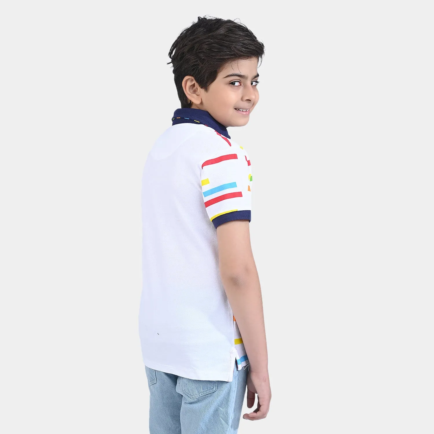 Boys Cotton PK Polo Multi Stripes-White