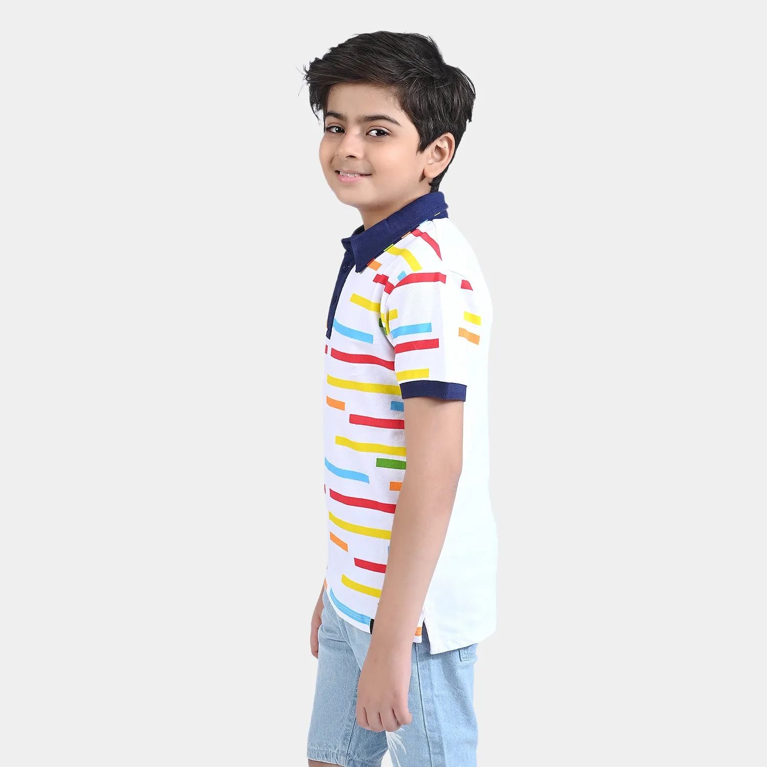 Boys Cotton PK Polo Multi Stripes-White