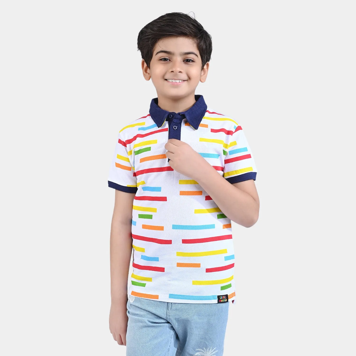 Boys Cotton PK Polo Multi Stripes-White