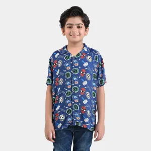 Boys Cotton Viscose Casual Shirt H/S Printed-Blue