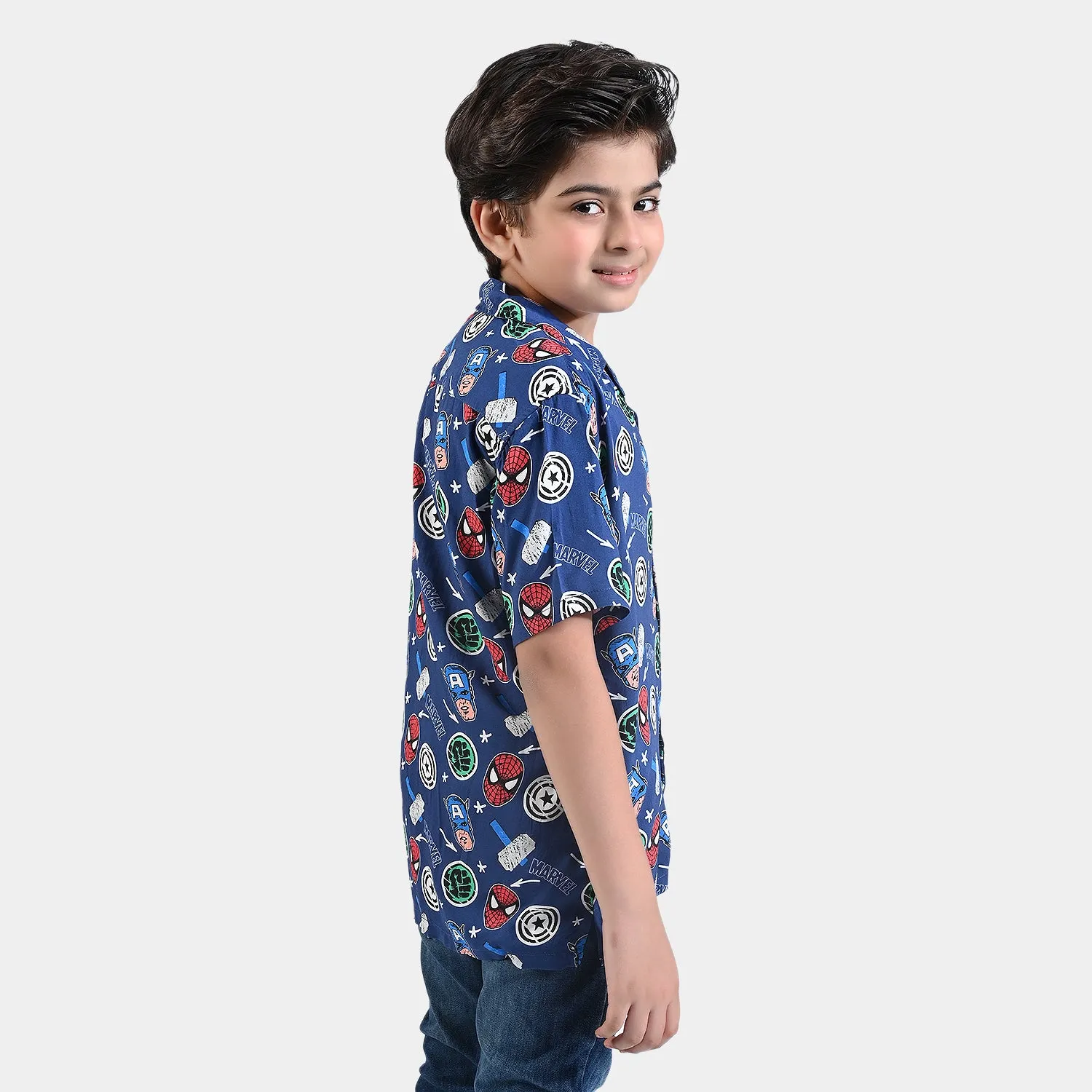 Boys Cotton Viscose Casual Shirt H/S Printed-Blue