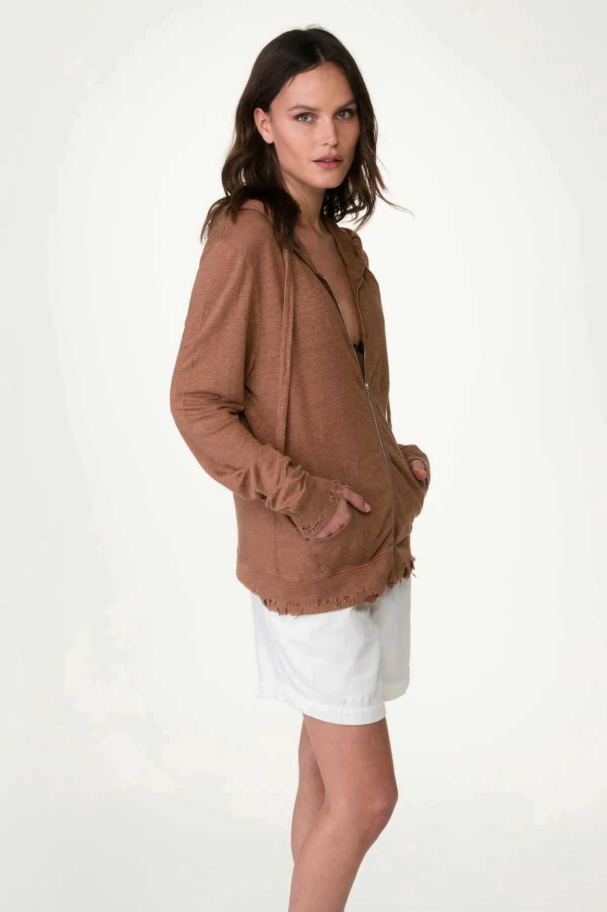 Brown Distressed Linen Hoody