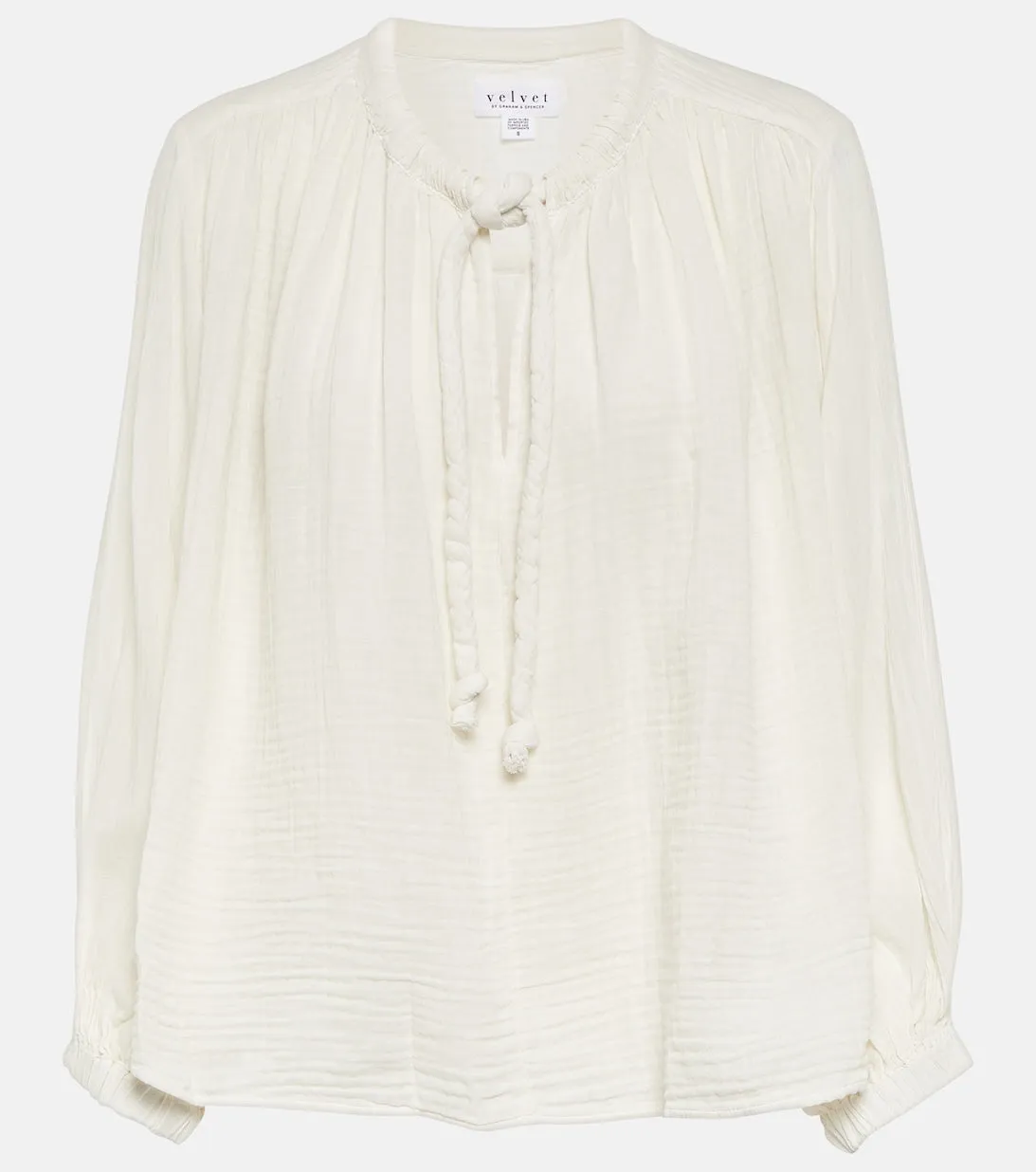 Cotton blouse with tie neck VELVET, white