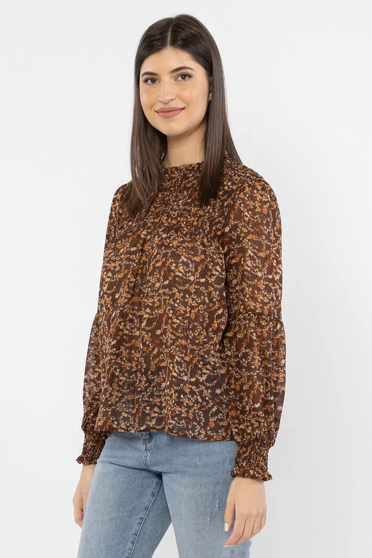 Dancing Bronze Floral Shirred LS Top