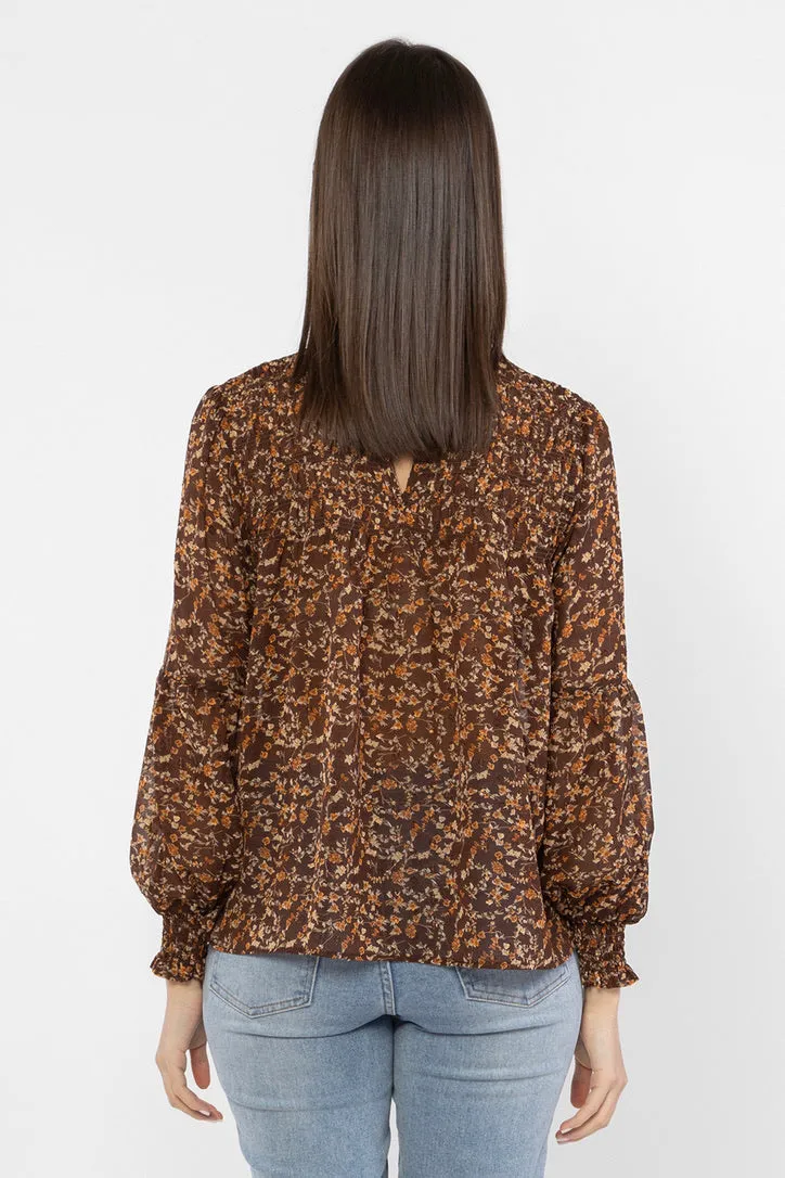 Dancing Bronze Floral Shirred LS Top