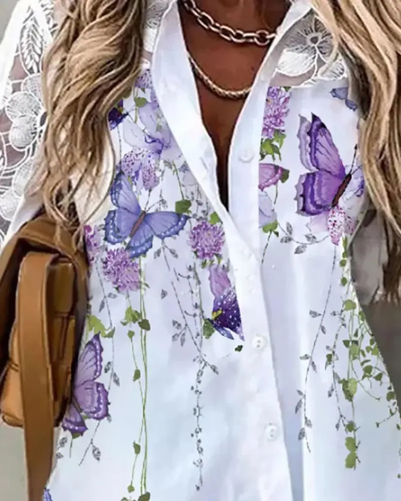 Deanwangkt - Butterfly floral print contrast lace shirt