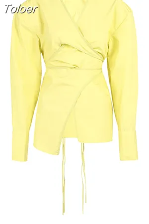 deanwangkt Fashion Women's Shirt V-neck Cross Bandage Waist Irregular Yellow Long Sleeve Blouse Causal Tide  Summer New CP0418