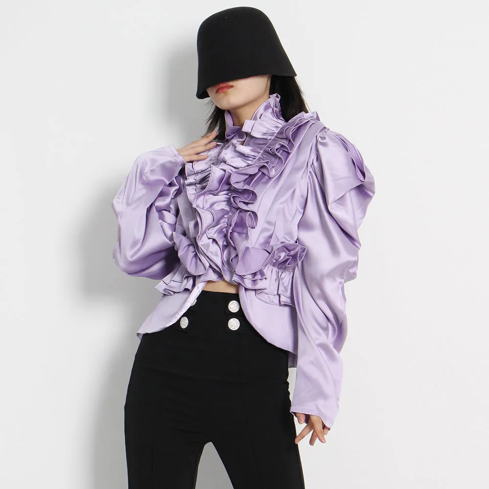 deanwangkt Korean Fashion Shirt For Women Turtleneck Puff Sleeve Fold Pleated Solid Blouses Female Fashion Clothing Style New