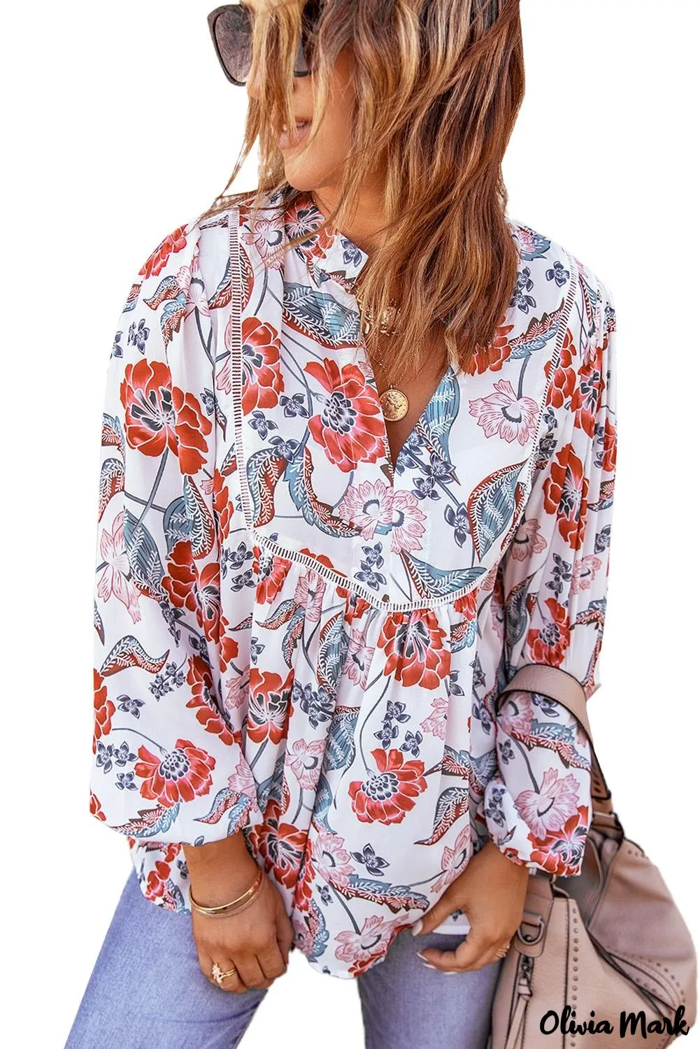 Deanwangkt - Red Floral Patchwork Split Neck Bubble Sleeve Blouse