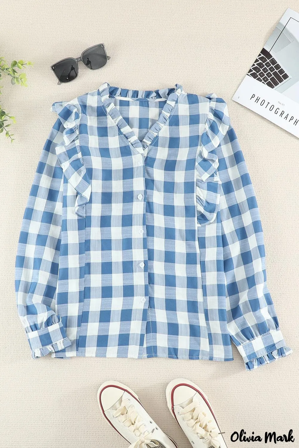 Deanwangkt - Sky blue checked ruffled button-down shirt