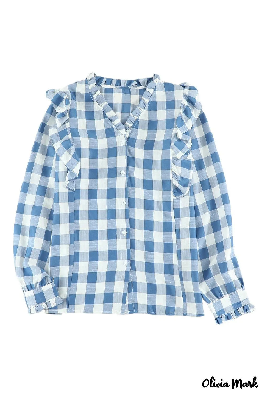 Deanwangkt - Sky blue checked ruffled button-down shirt