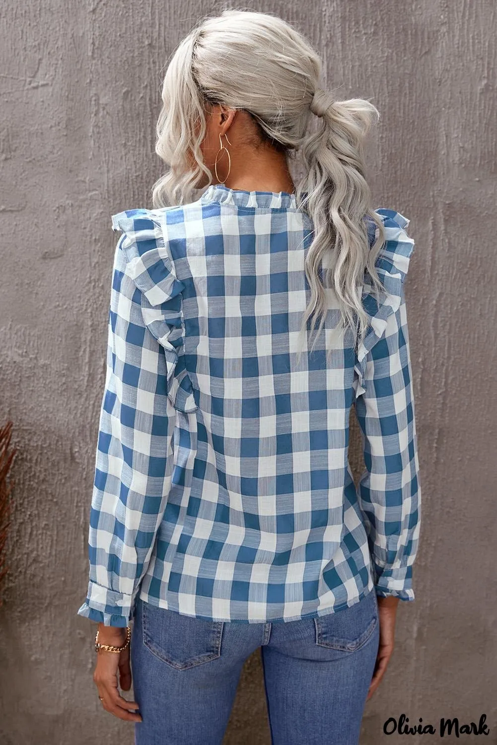 Deanwangkt - Sky blue checked ruffled button-down shirt