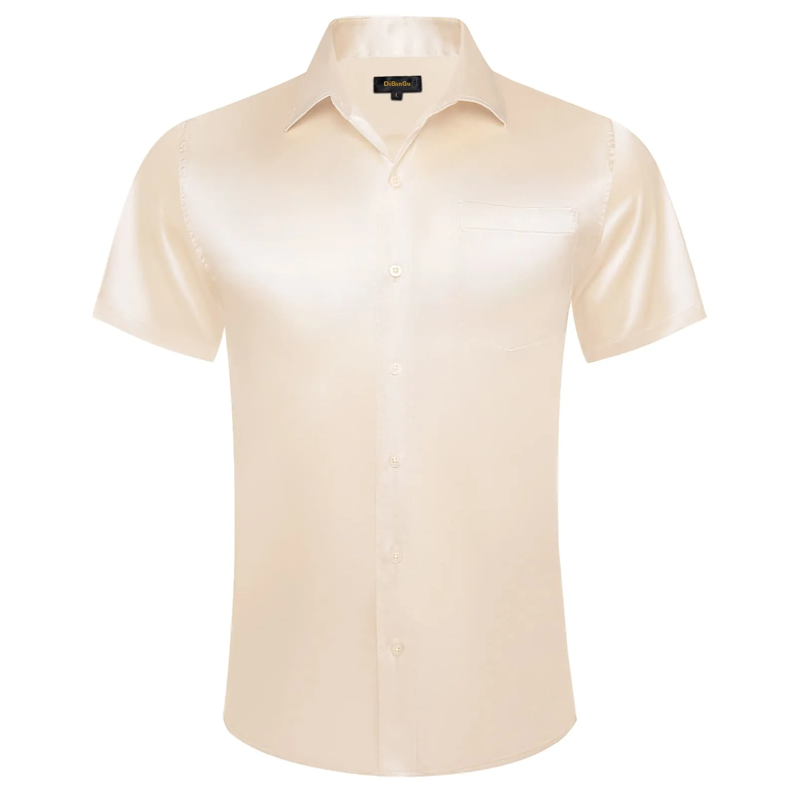 DiBanGu Button Shirt Summer Off-White Solid Silk Men's Short Sleeve Shirt Top