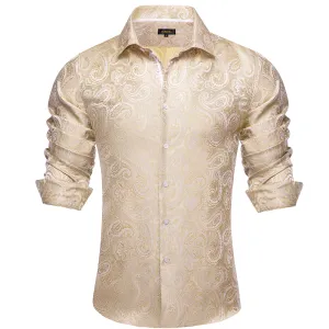 DiBanGu Collared Shirt Almond Brown Paisley Silk Button Down Long Sleeve Shirt for Men