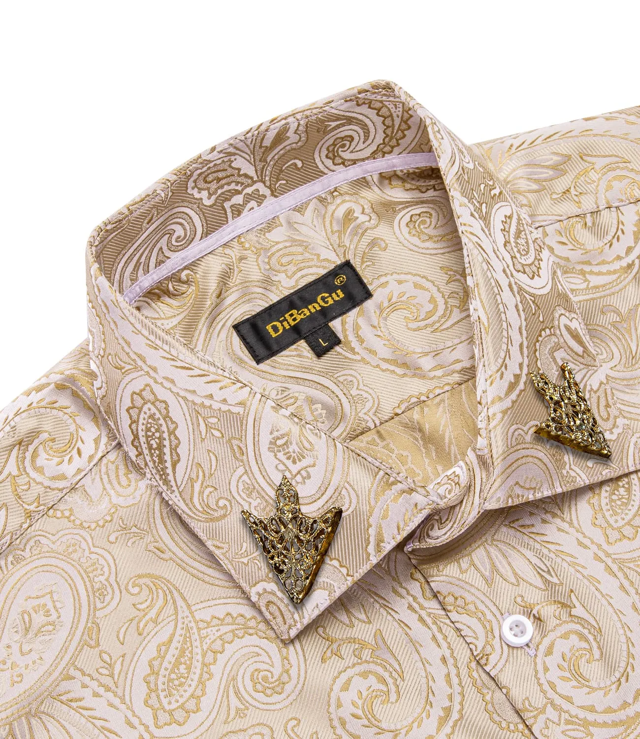 DiBanGu Collared Shirt Almond Brown Paisley Silk Button Down Long Sleeve Shirt for Men