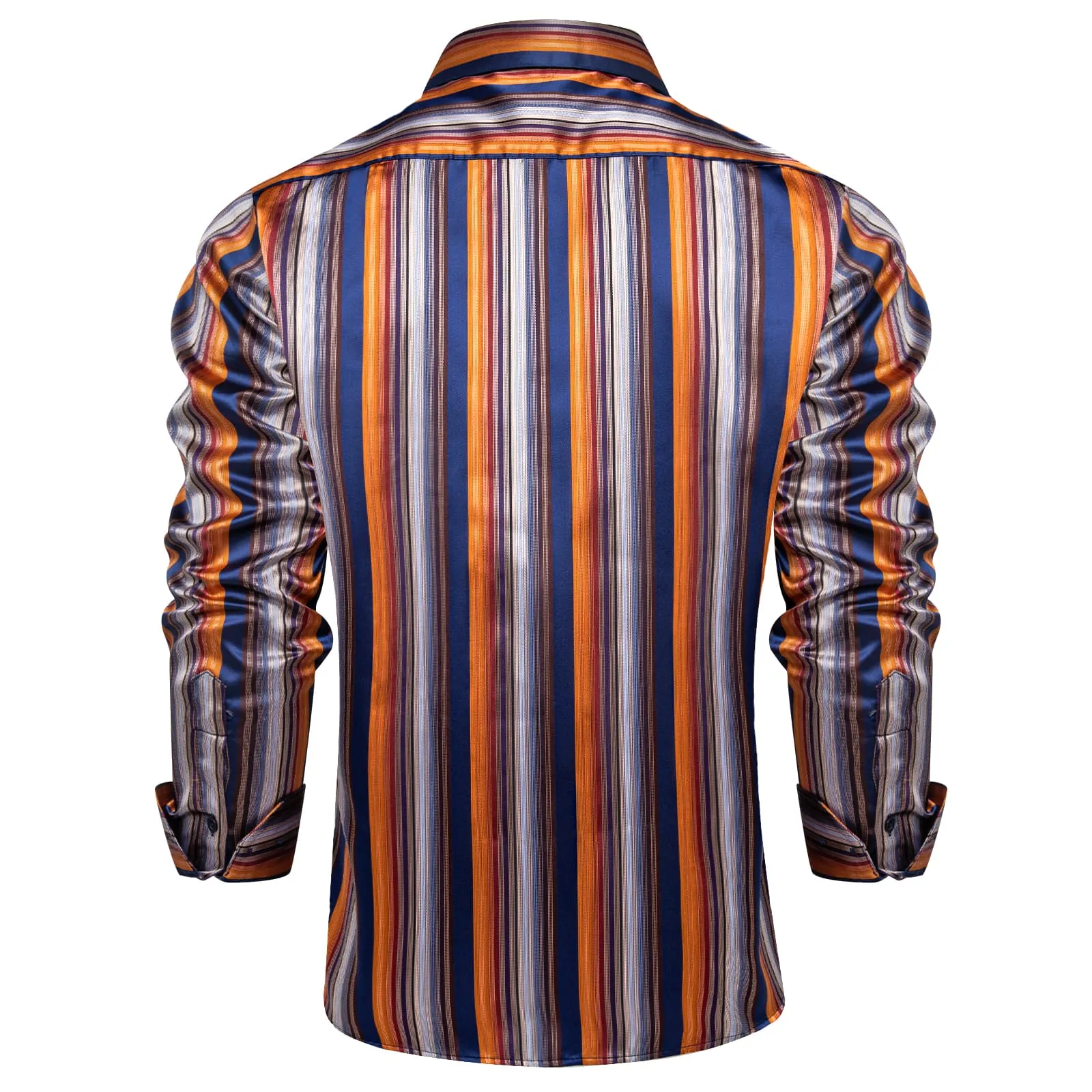 DiBanGu Collared Shirt Blue Orange Striped Silk Button Down Long Sleeve Mens Work Shirt