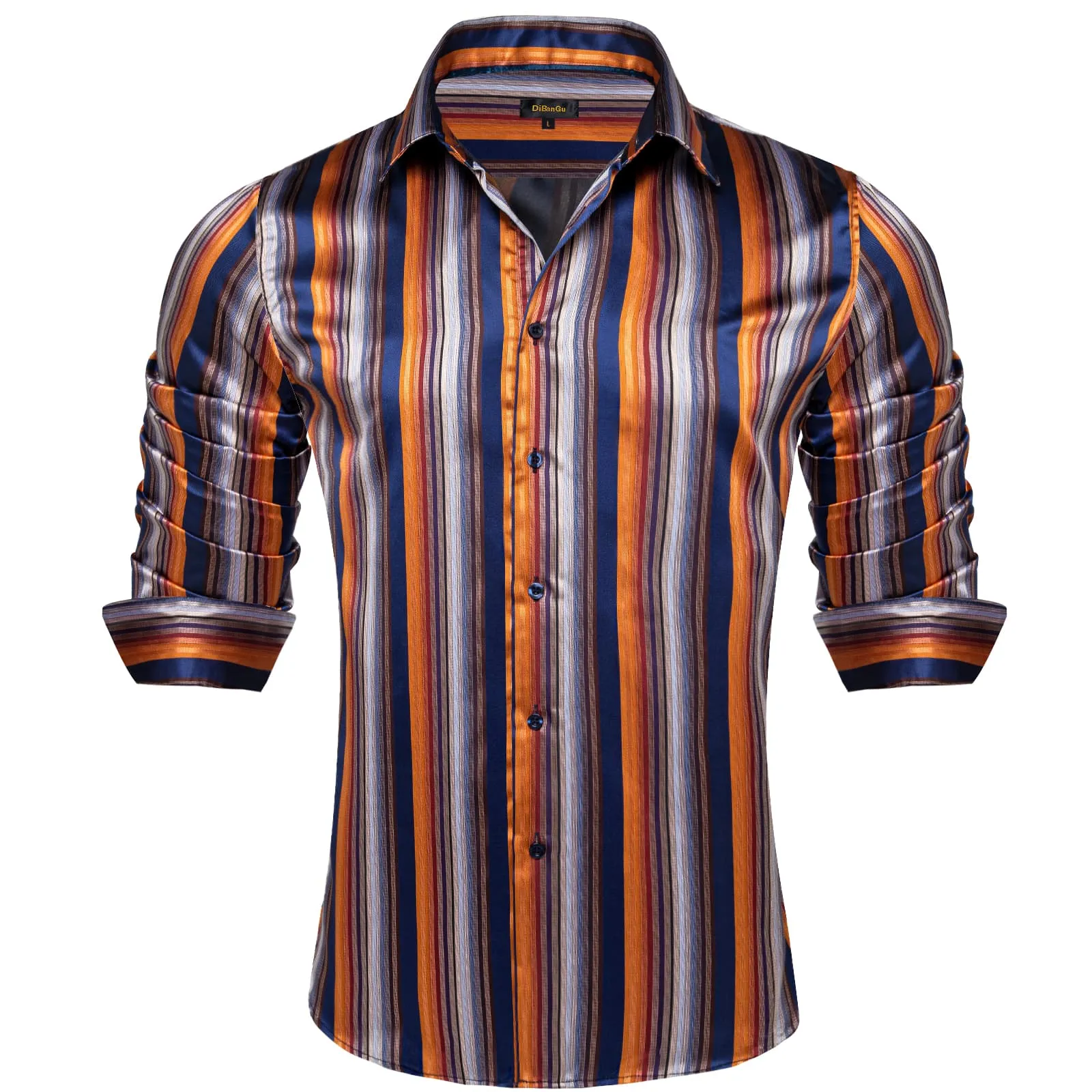 DiBanGu Collared Shirt Blue Orange Striped Silk Button Down Long Sleeve Mens Work Shirt