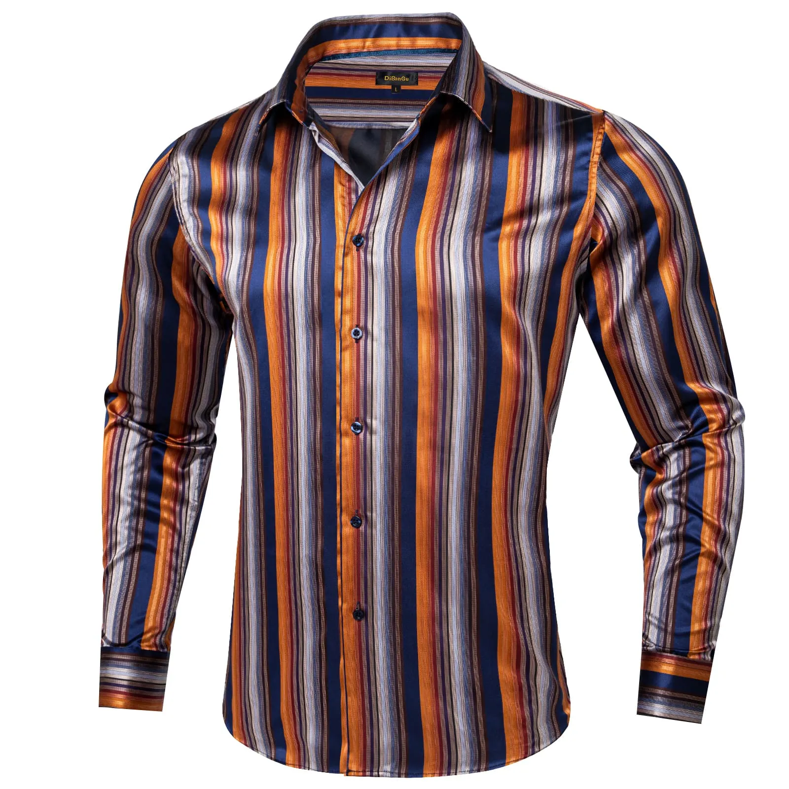 DiBanGu Collared Shirt Blue Orange Striped Silk Button Down Long Sleeve Mens Work Shirt