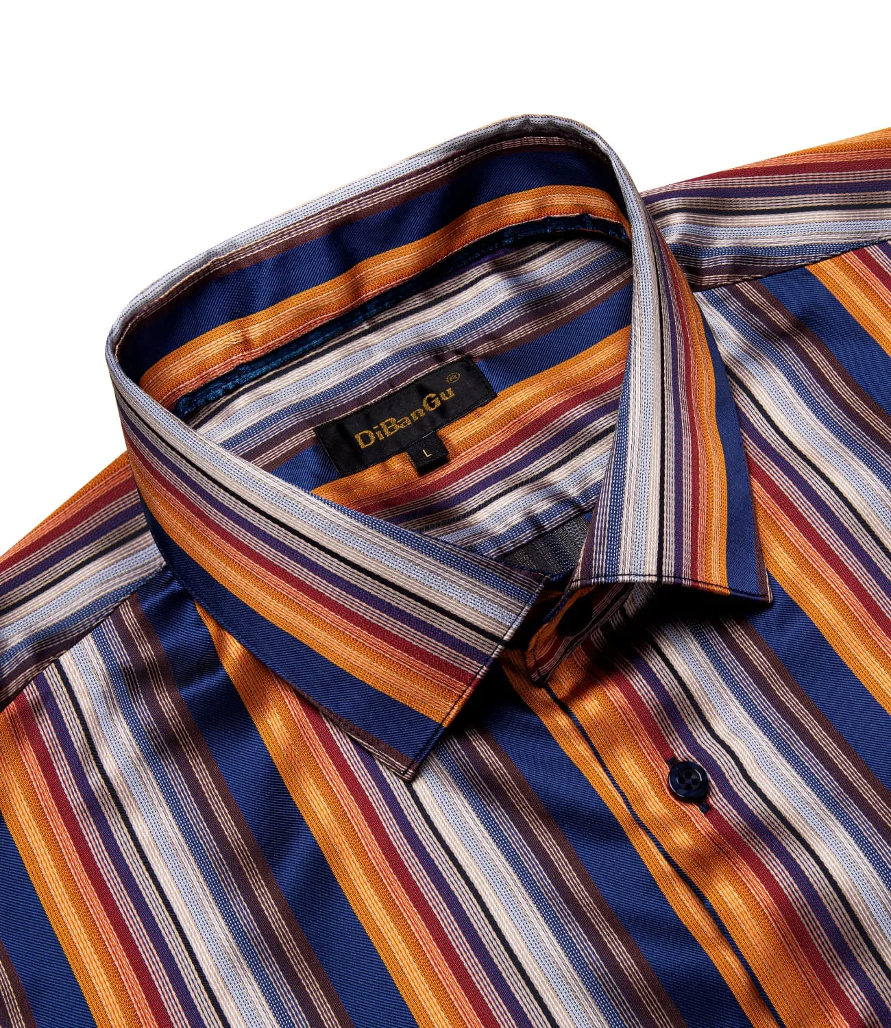 DiBanGu Collared Shirt Blue Orange Striped Silk Button Down Long Sleeve Mens Work Shirt