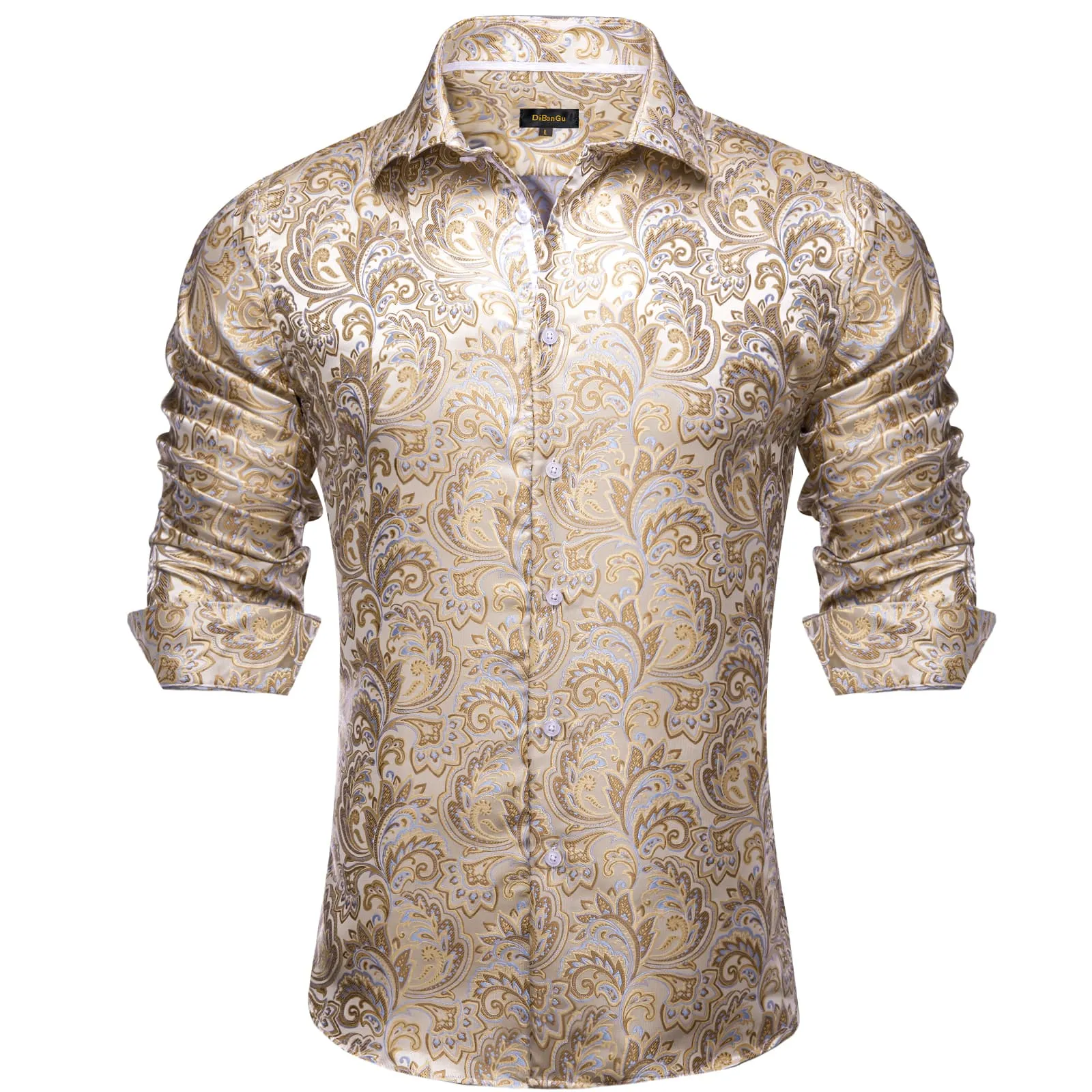 DiBanGu Dress Shirt Bone White Floral Button Down Long Sleeve Shirt for Men