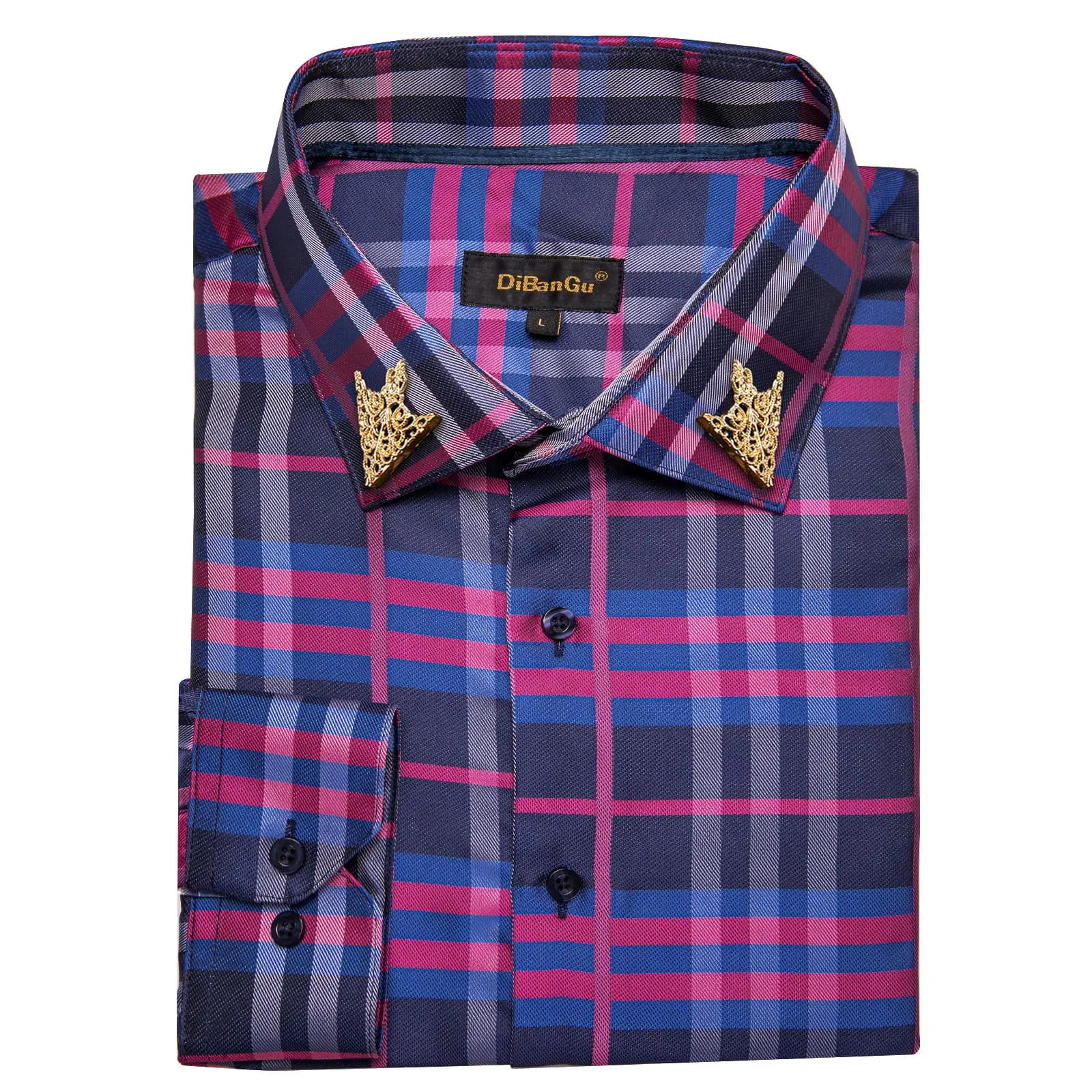 DiBanGu Dress Shirt Purple Blue Plaid Button Down Long Sleeve Mens Business Shirt Top