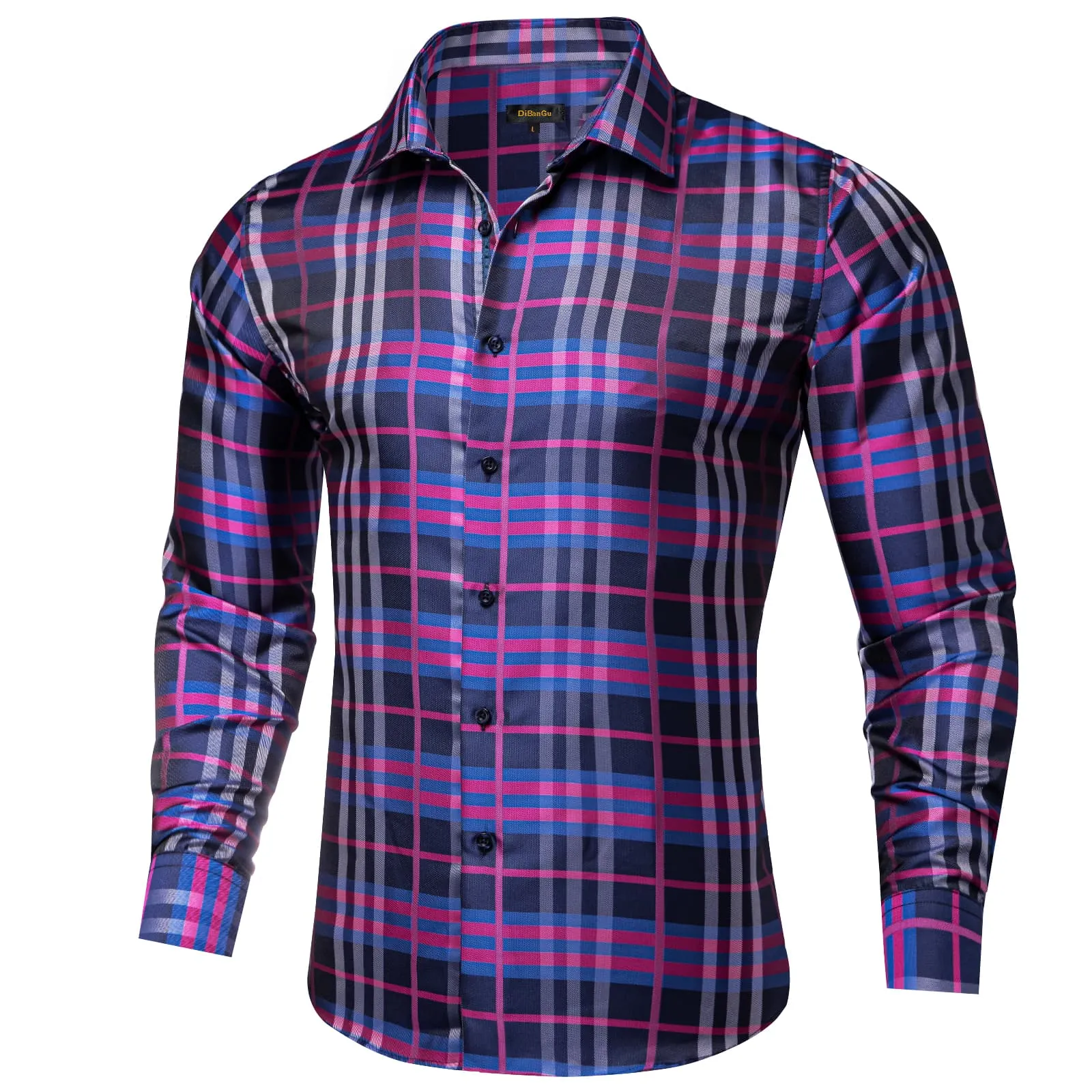 DiBanGu Dress Shirt Purple Blue Plaid Button Down Long Sleeve Mens Business Shirt Top