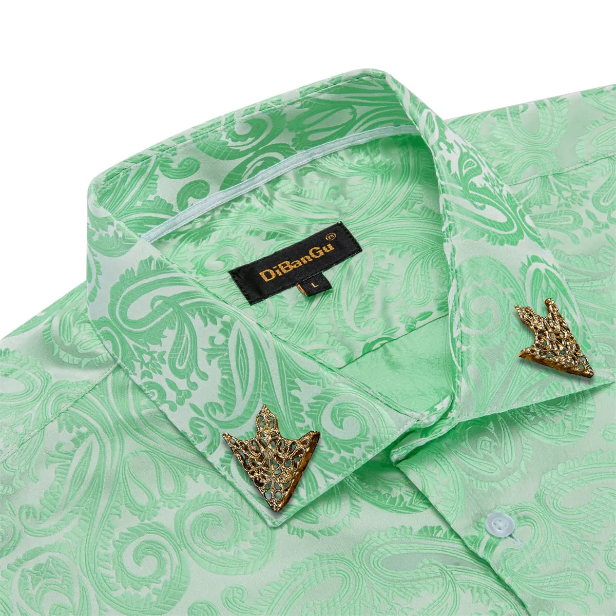 DiBanGu Dress Shirt Turquoise Green Paisley Long Sleeve Silk Button Up Shirt for Men