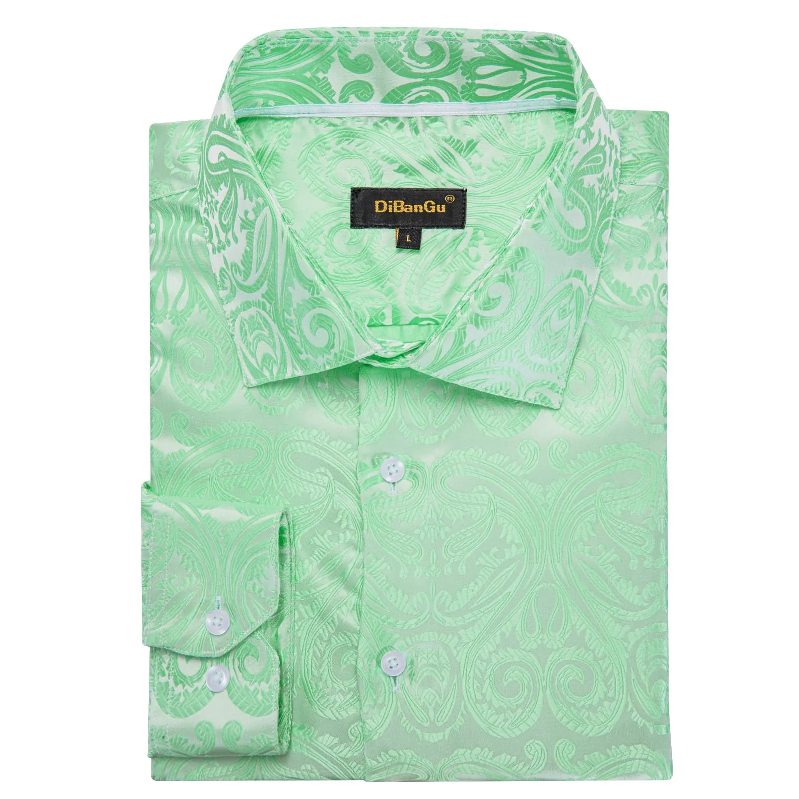 DiBanGu Dress Shirt Turquoise Green Paisley Long Sleeve Silk Button Up Shirt for Men