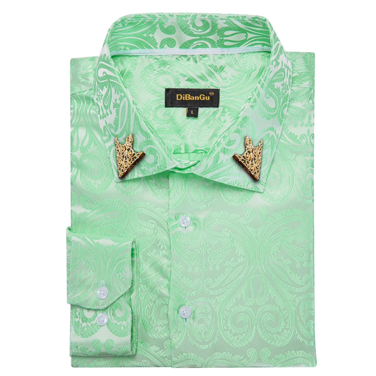 DiBanGu Dress Shirt Turquoise Green Paisley Long Sleeve Silk Button Up Shirt for Men