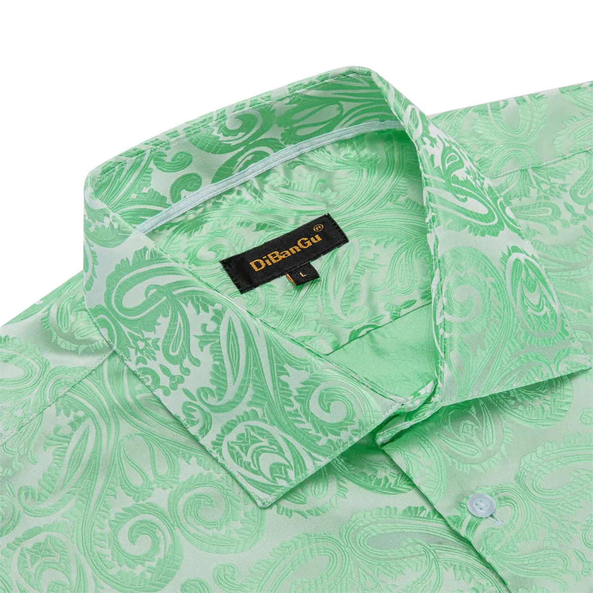 DiBanGu Dress Shirt Turquoise Green Paisley Long Sleeve Silk Button Up Shirt for Men