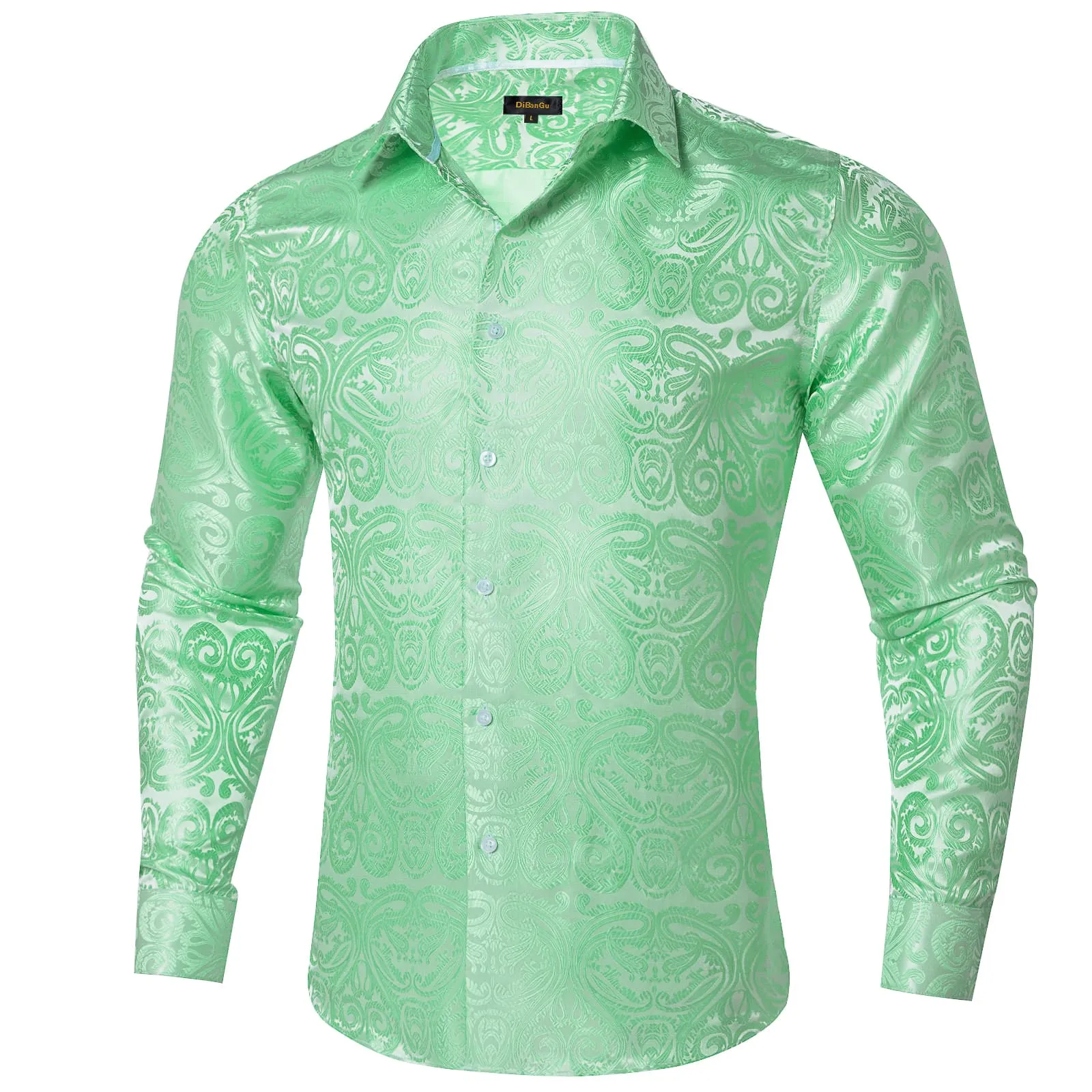 DiBanGu Dress Shirt Turquoise Green Paisley Long Sleeve Silk Button Up Shirt for Men