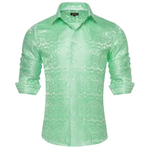 DiBanGu Dress Shirt Turquoise Green Paisley Long Sleeve Silk Button Up Shirt for Men