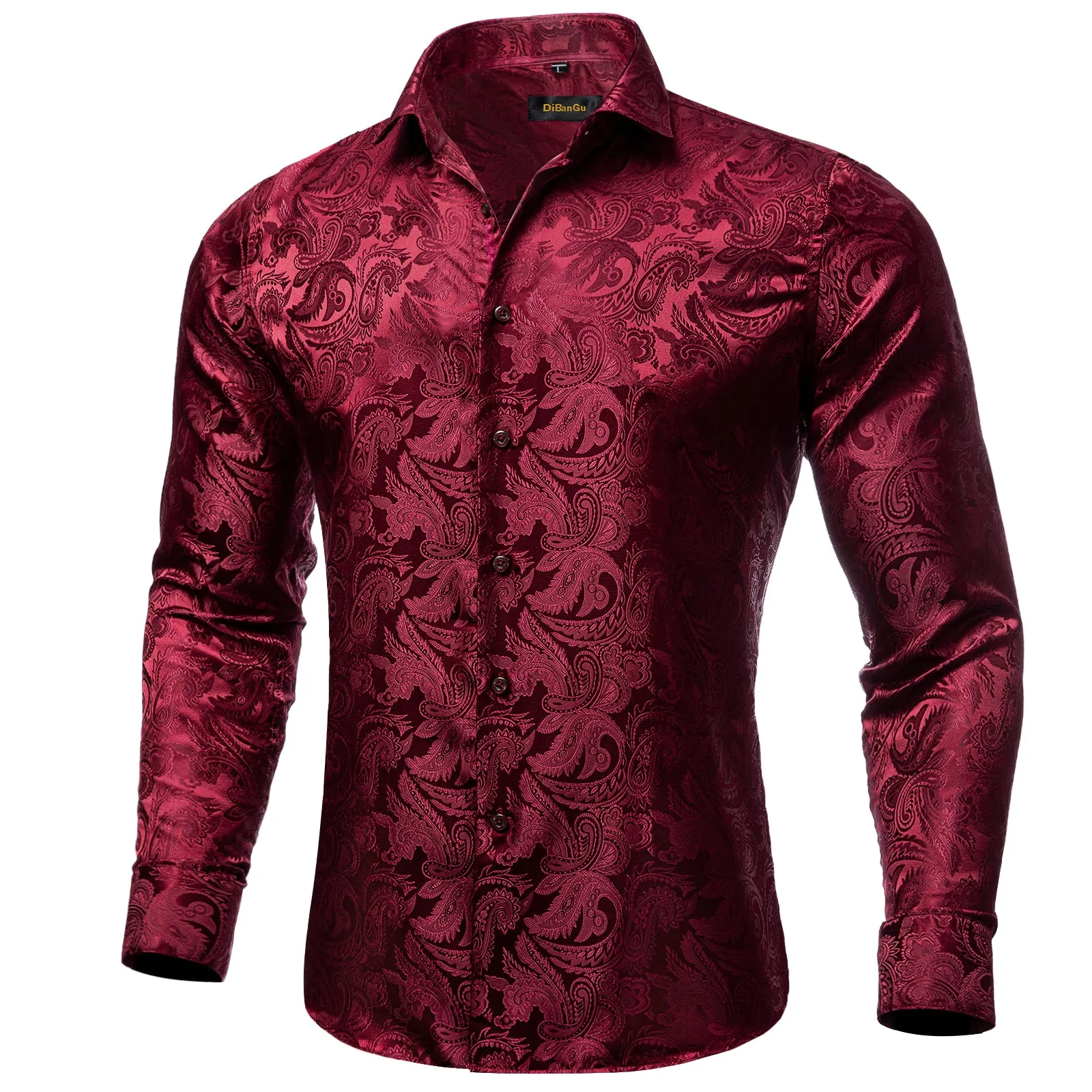 DiBanGu Men's Long Sleeve Shirt Burgundy Red Paisley Button Down Silk Shirt