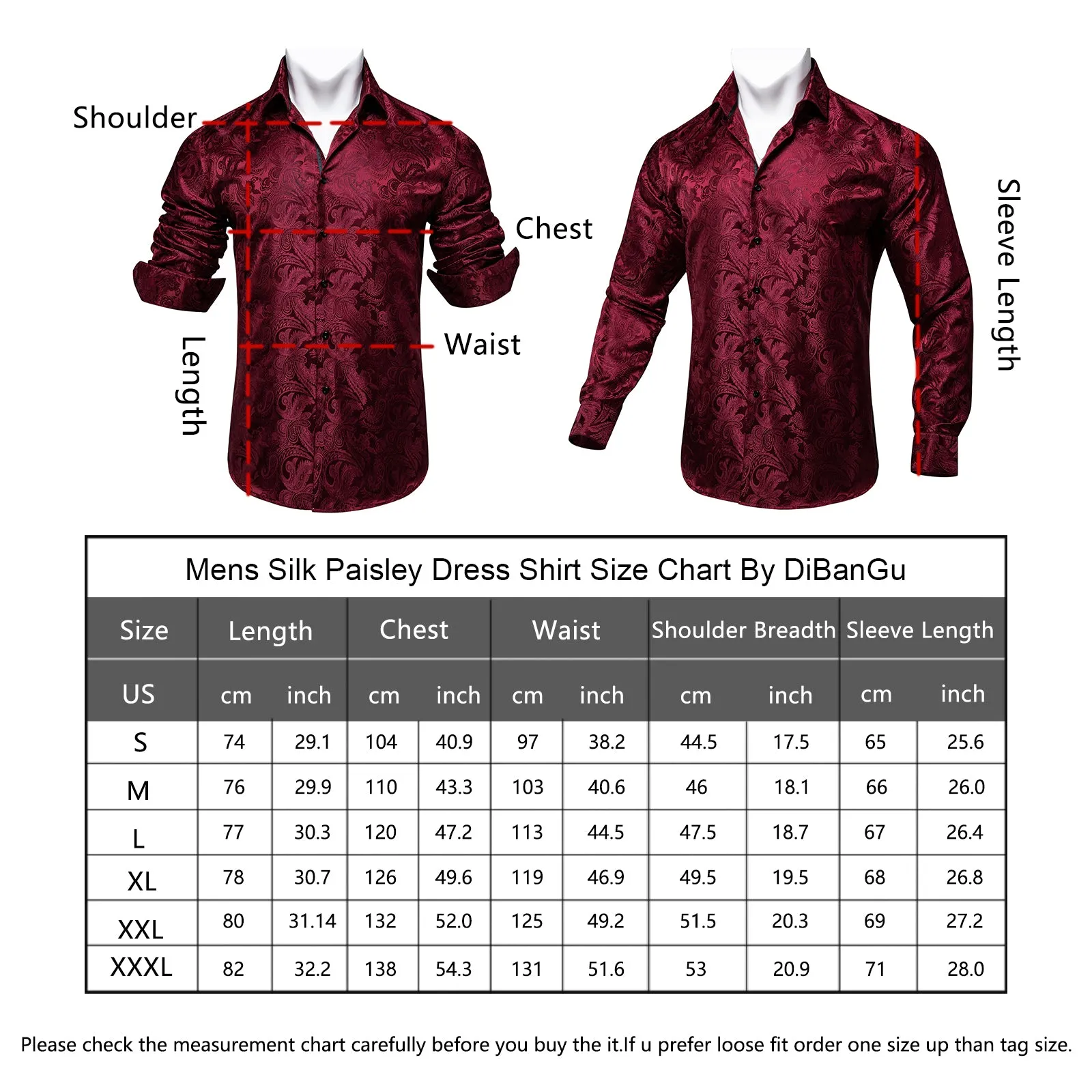 DiBanGu Men's Long Sleeve Shirt Burgundy Red Paisley Button Down Silk Shirt