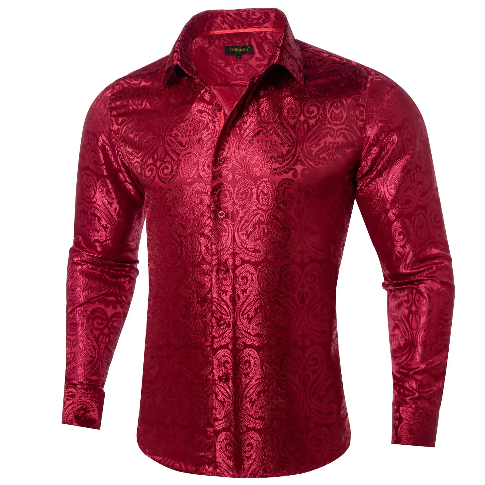 DiBanGu Shirt for Men Burgundy Paisley Long Sleeve Silk Button Up Wedding Dress Shirt