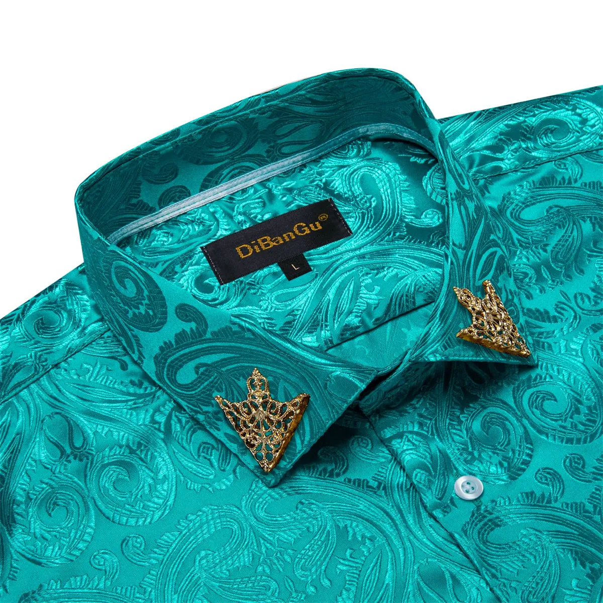 DiBanGu Shirt for Men Dark Cyan Paisley Long Sleeve Silk Button Up Shirt