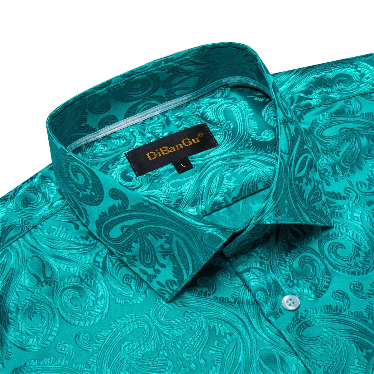 DiBanGu Shirt for Men Dark Cyan Paisley Long Sleeve Silk Button Up Shirt