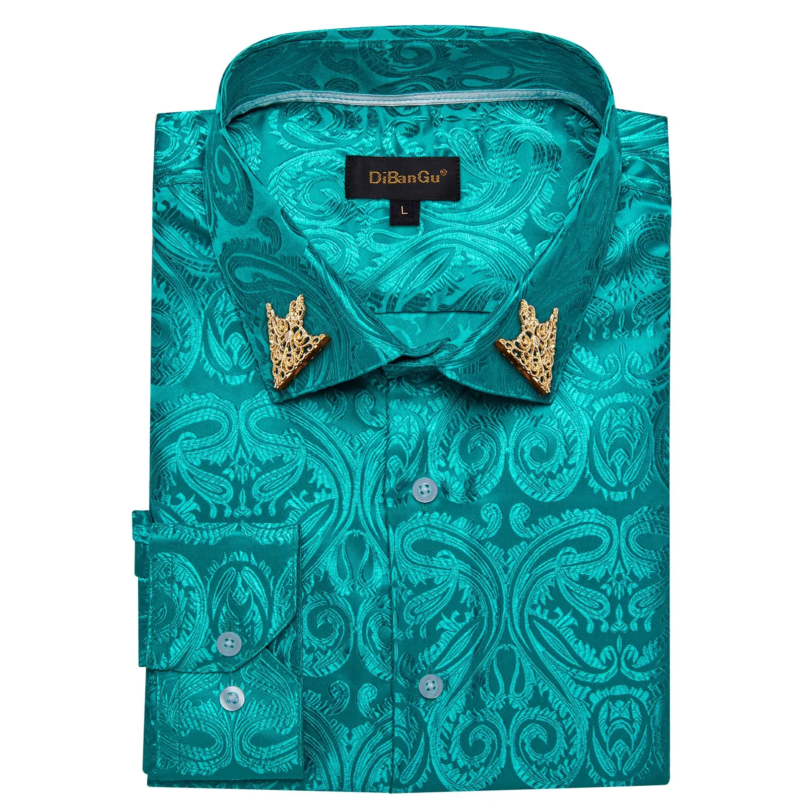 DiBanGu Shirt for Men Dark Cyan Paisley Long Sleeve Silk Button Up Shirt