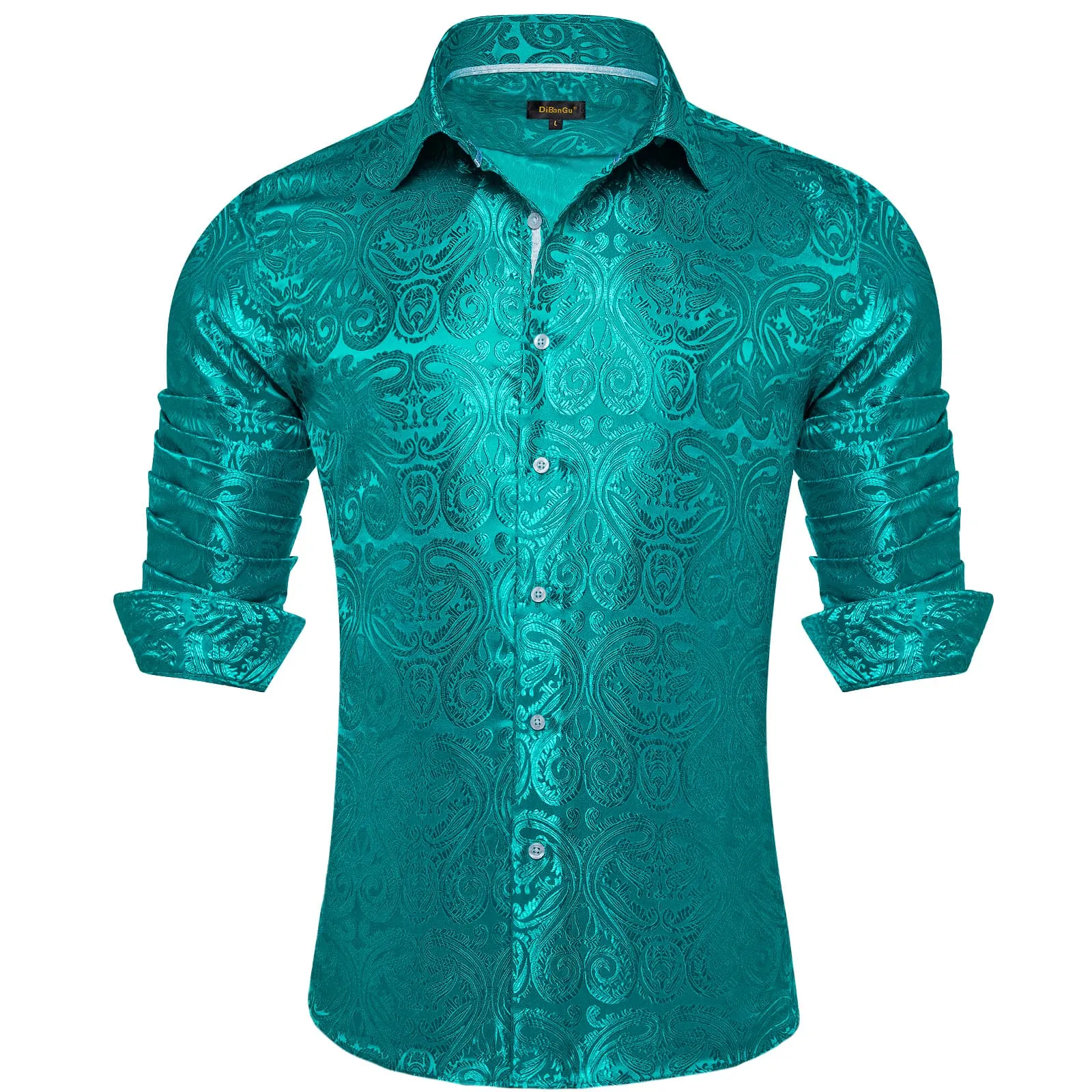 DiBanGu Shirt for Men Dark Cyan Paisley Long Sleeve Silk Button Up Shirt