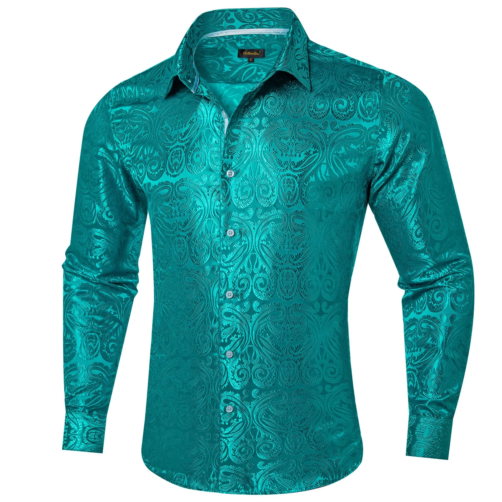 DiBanGu Shirt for Men Dark Cyan Paisley Long Sleeve Silk Button Up Shirt