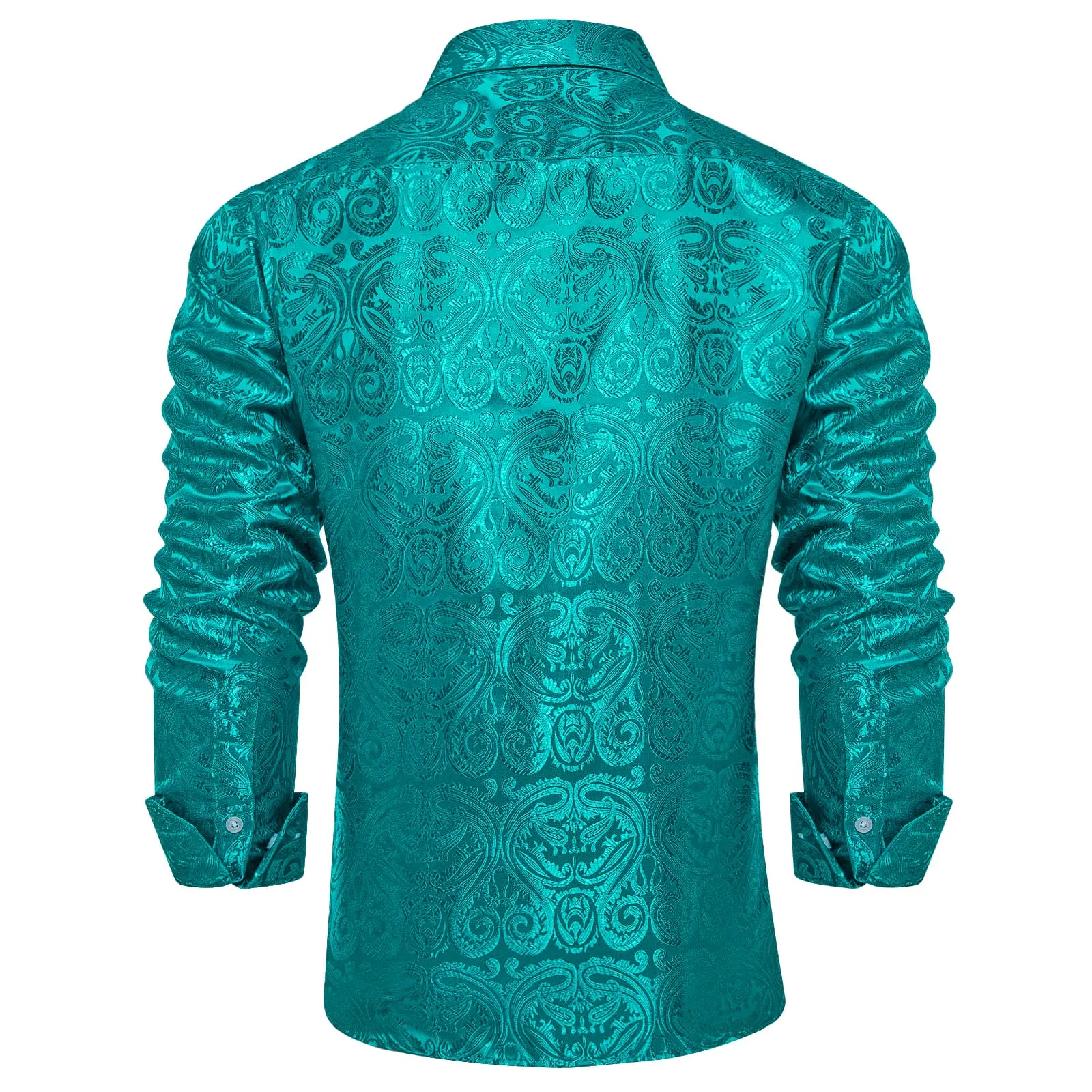 DiBanGu Shirt for Men Dark Cyan Paisley Long Sleeve Silk Button Up Shirt