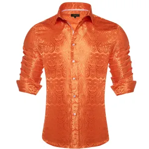 DiBanGu Shirt for Men Flame Orange Paisley Silk Button Up Long Sleeve Shirt