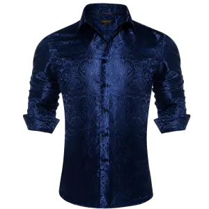 DiBanGu Shirt for Men Oxford Blue Paisley Long Sleeve Silk Button Up Shirt Top