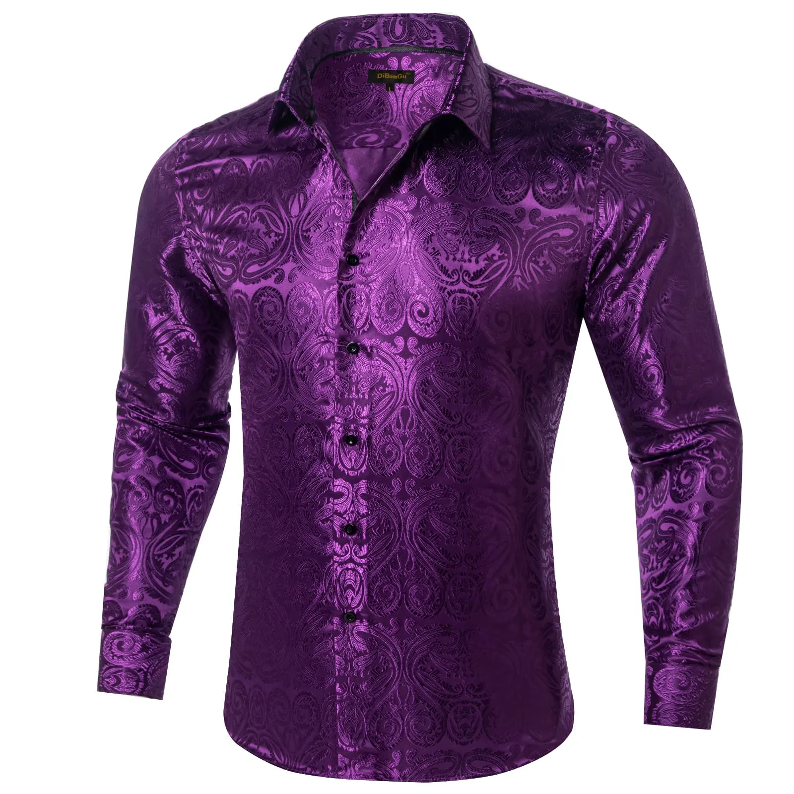 DiBanGu Shirt for Men Palatinate Purple Paisley Silk Button Up Long Sleeve Shirt